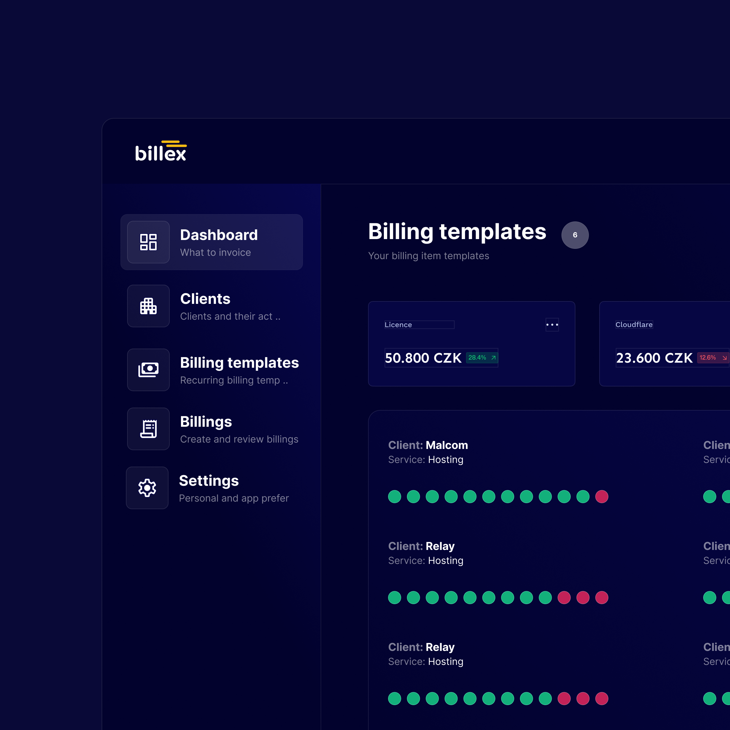 Billex — hlavní pohled